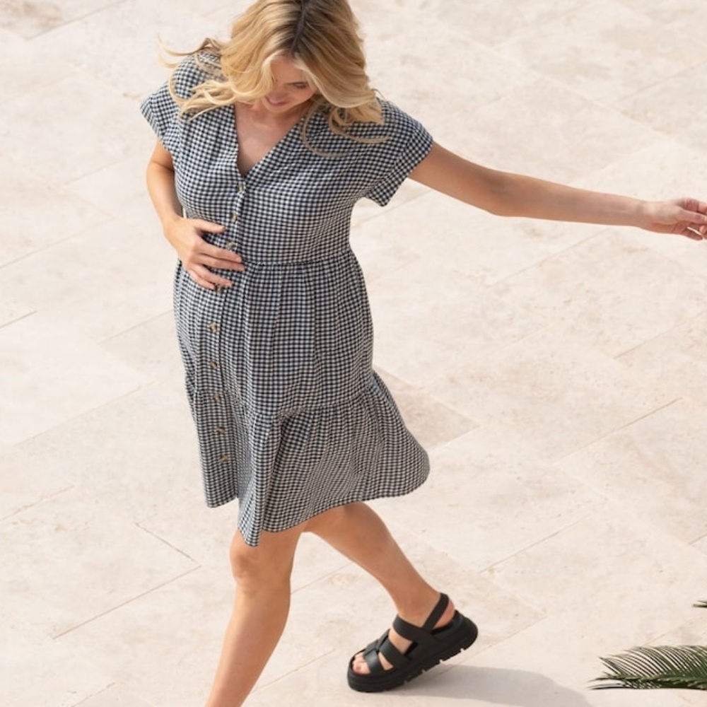 Seraphine Gingham Cotton Button-Up Maternity/Nursing Dress